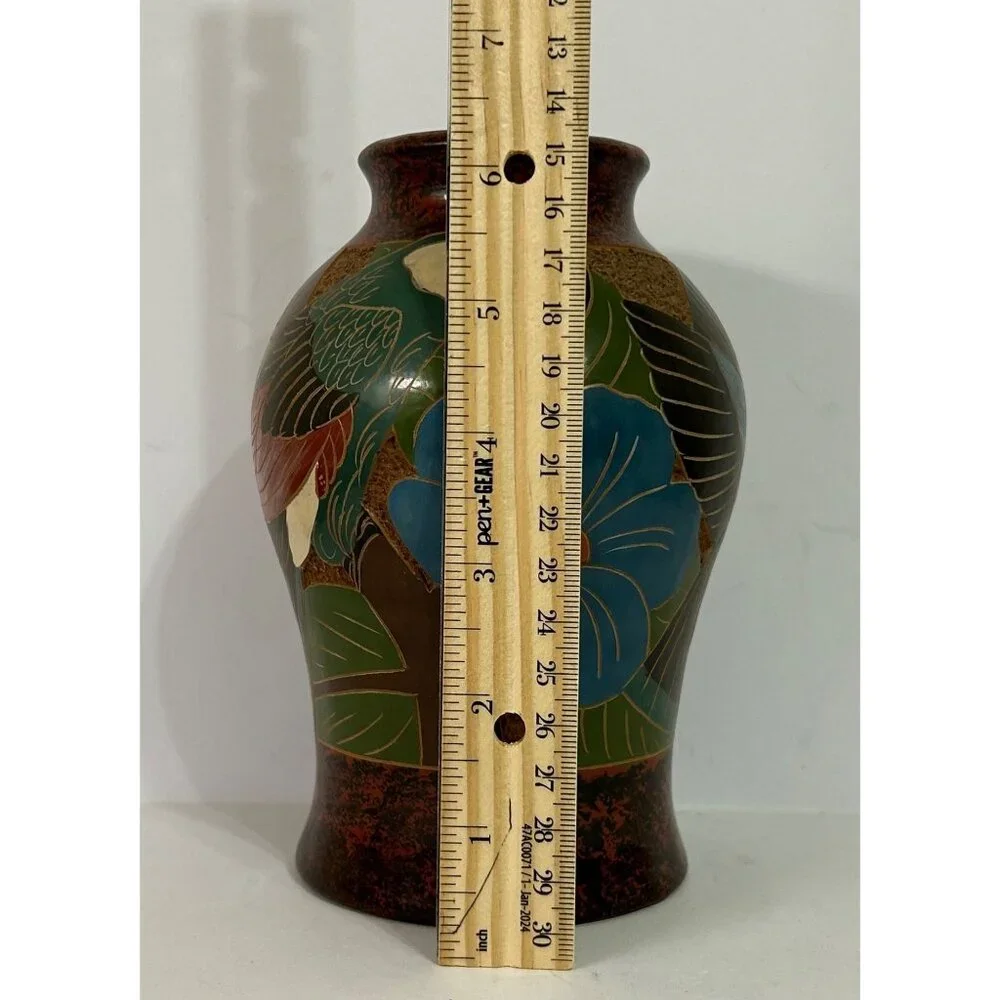 Handcrafted Ceramic Folk Art Vase Parrot & Fish Design Green Blue Red Cost Rica - Picture 2 of 10